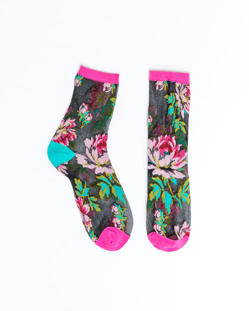 Sock Candy English Rose Floral sheer black socks